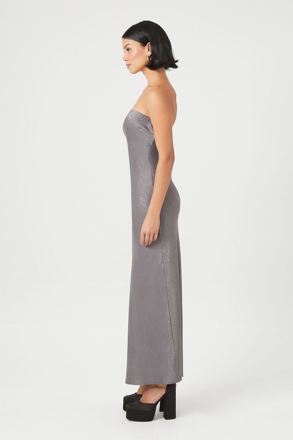CHARCOAL Satin Strapless Maxi Dress, image 2