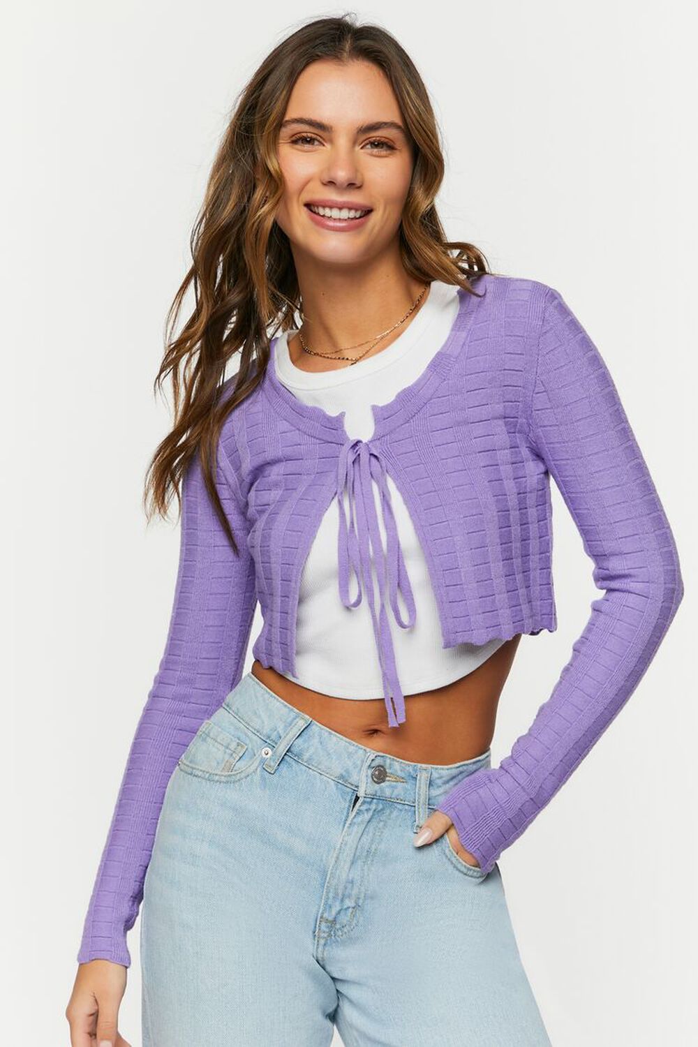 LAVENDER Tie-Front Cropped Cardigan Sweater, image 1