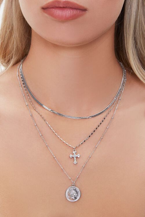 SILVER Cross Charm Layered Necklace, image 1