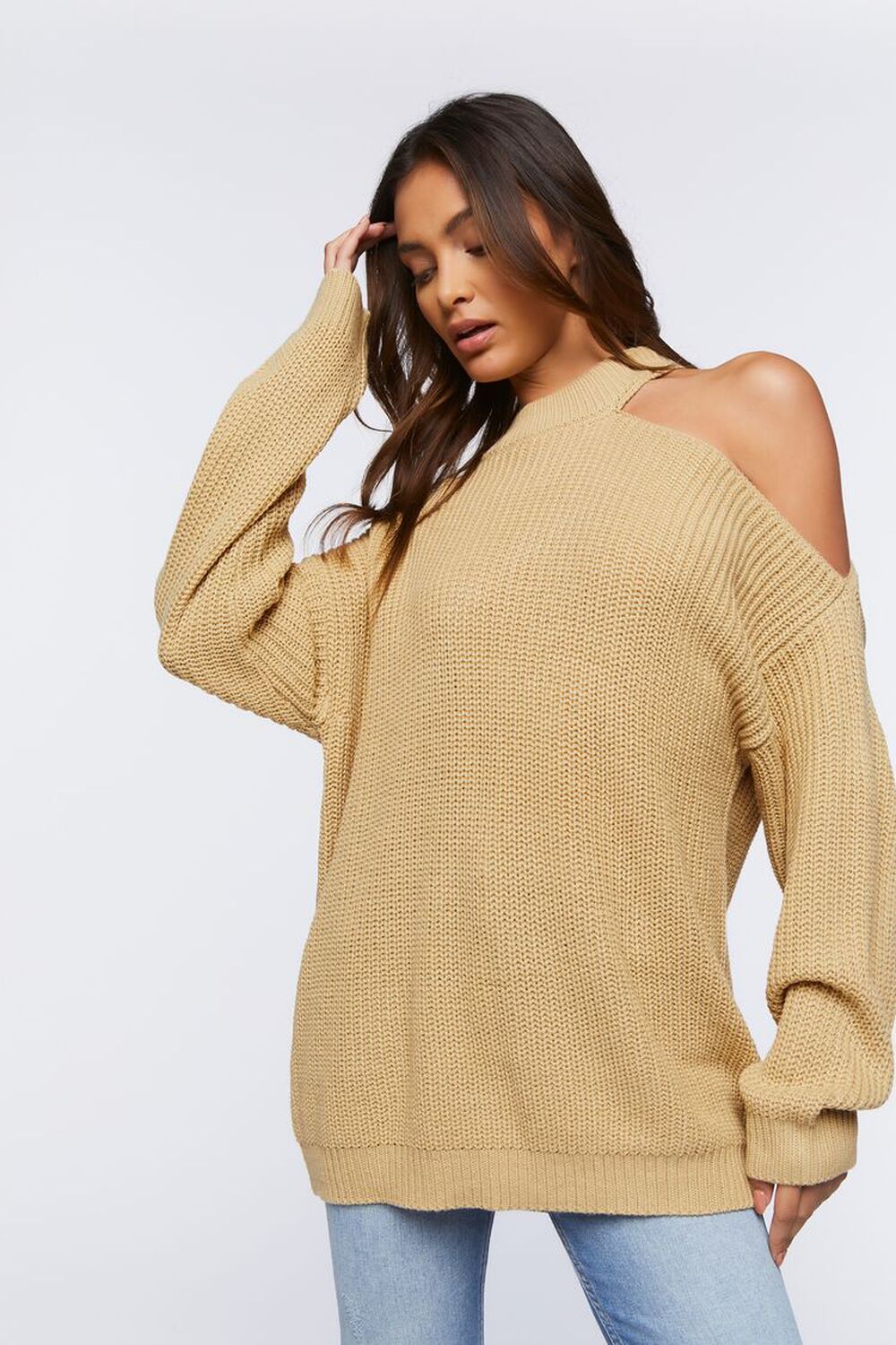 BEIGE Asymmetrical Open-Shoulder Sweater, image 1