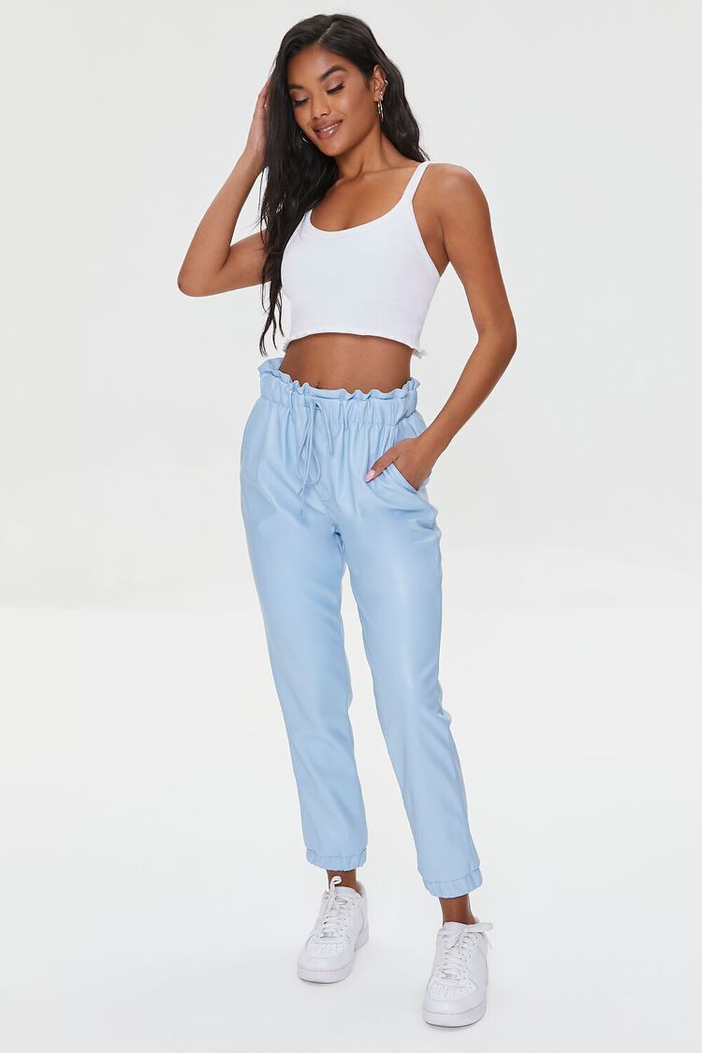 LIGHT BLUE Faux Leather Paperbag Joggers, image 1