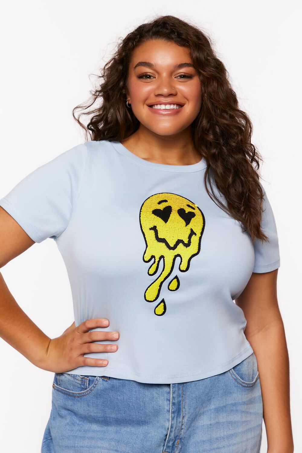 Plus Size Sequin Happy Face Graphic Tee, image 1