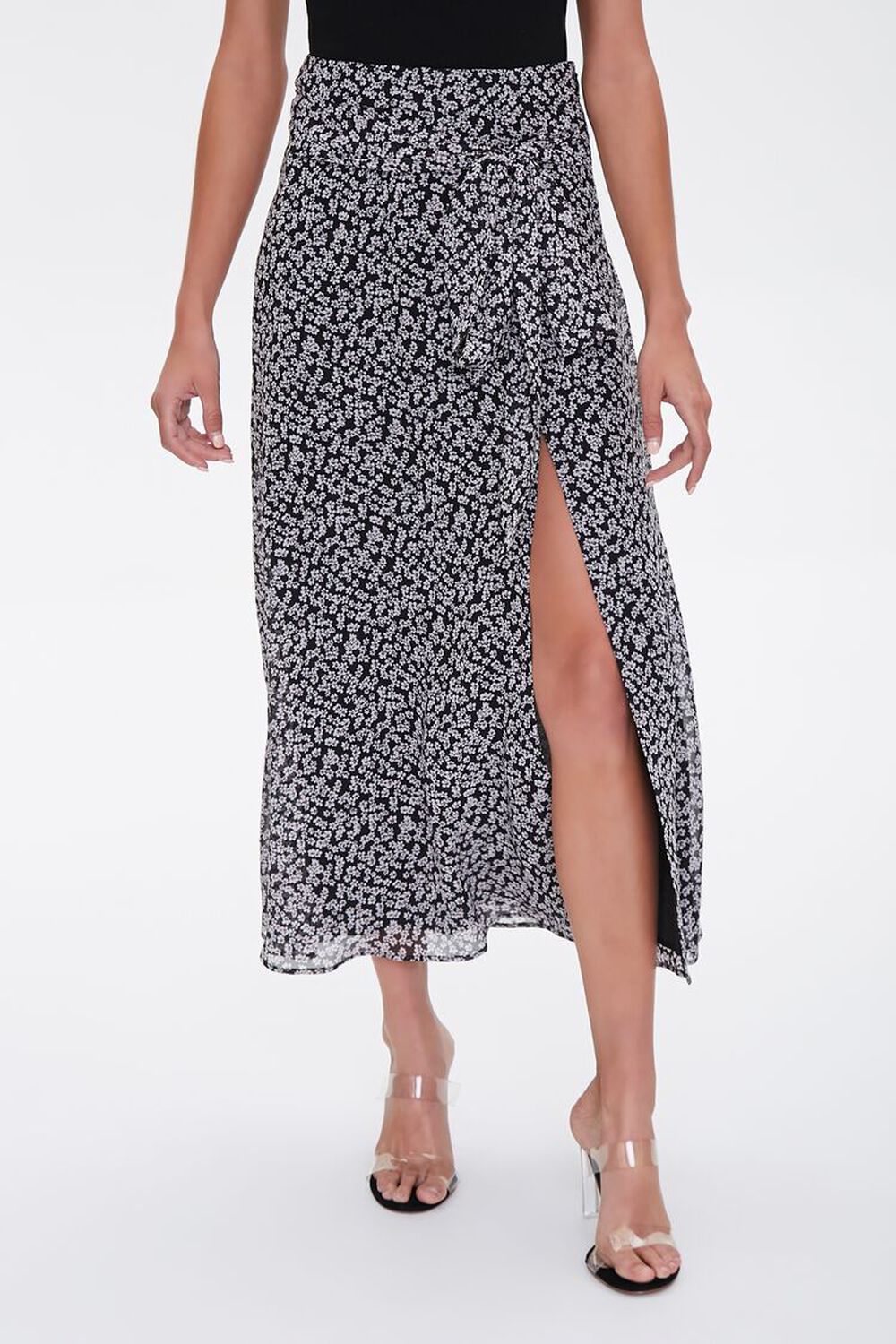 BLACK/MULTI Floral Tie-Waist Midi Skirt, image 1
