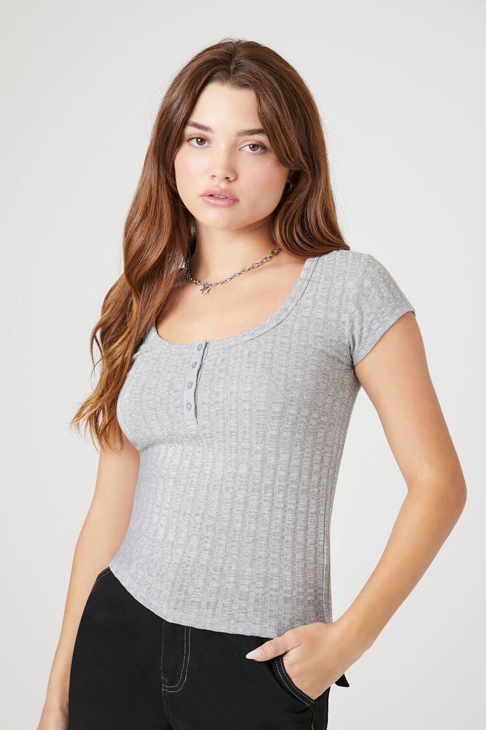 HEATHER GREY Rib-Knit Buttoned Baby Tee, image 1