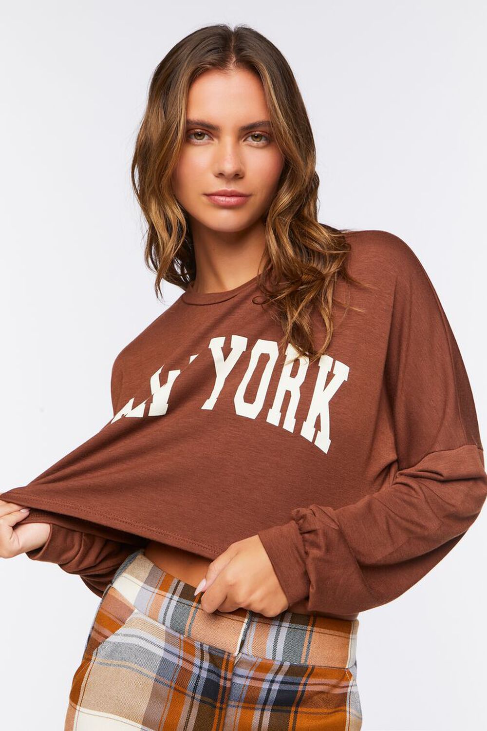 BROWN/CREAM New York Cropped Graphic Tee, image 1