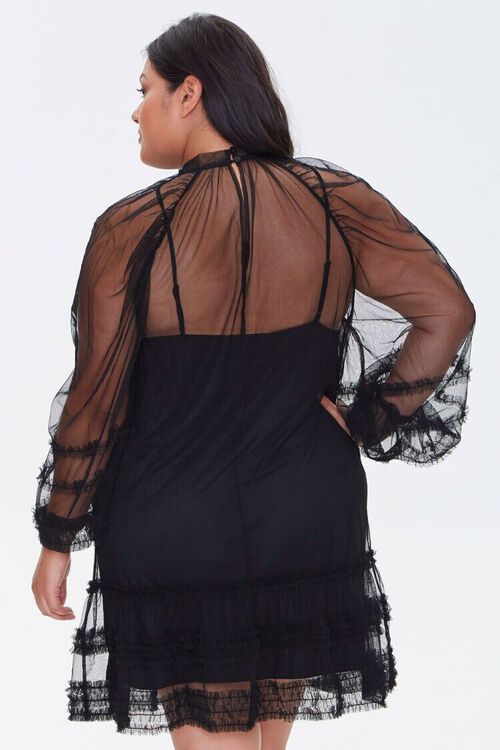 BLACK Plus Size Ruffled Mesh Mini Dress, image 3