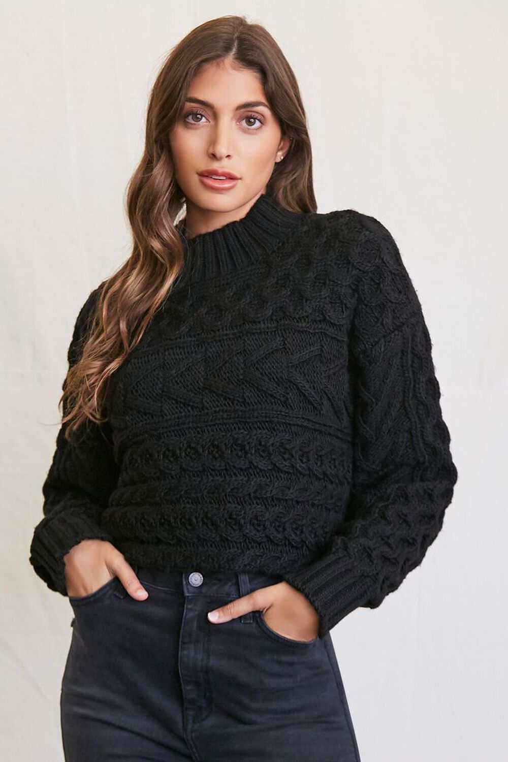 BLACK Cable Knit Mock Neck Sweater, image 1