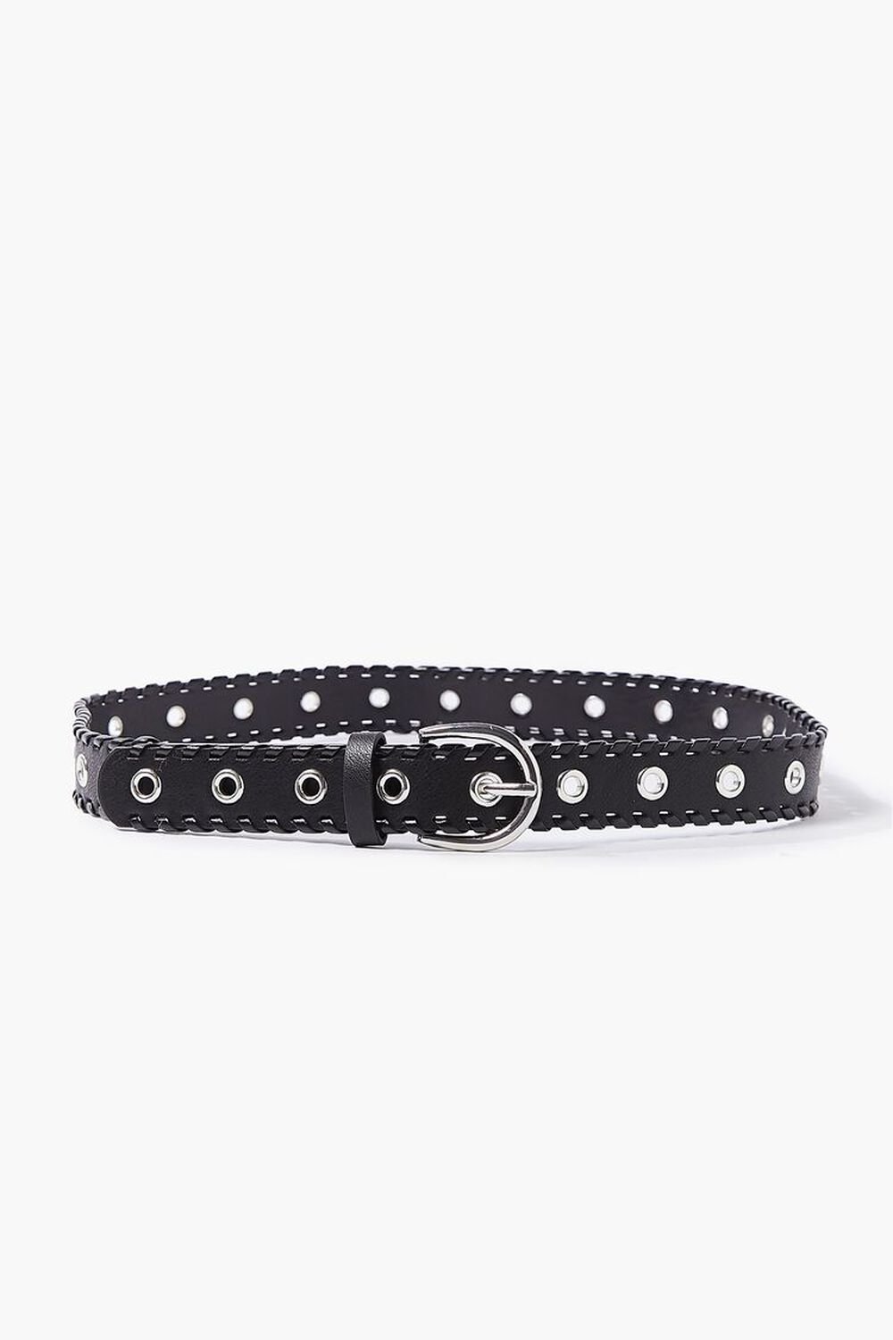 BLACK/SILVER Whipstitched Faux Leather Grommet Belt, image 1