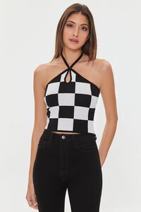 BLACK/CREAM Checkered Sweater-Knit Halter Top, image 6