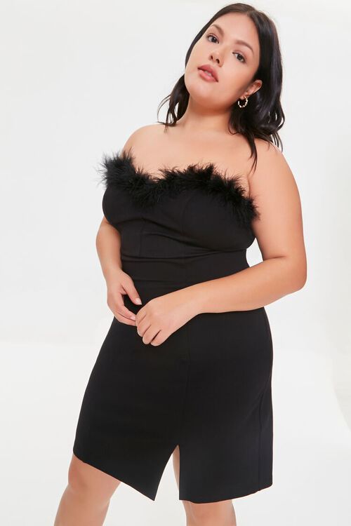 BLACK Plus Size Feather-Trim Dress, image 1