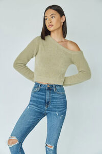 TAN Fuzzy Knit One-Shoulder Sweater, image 1