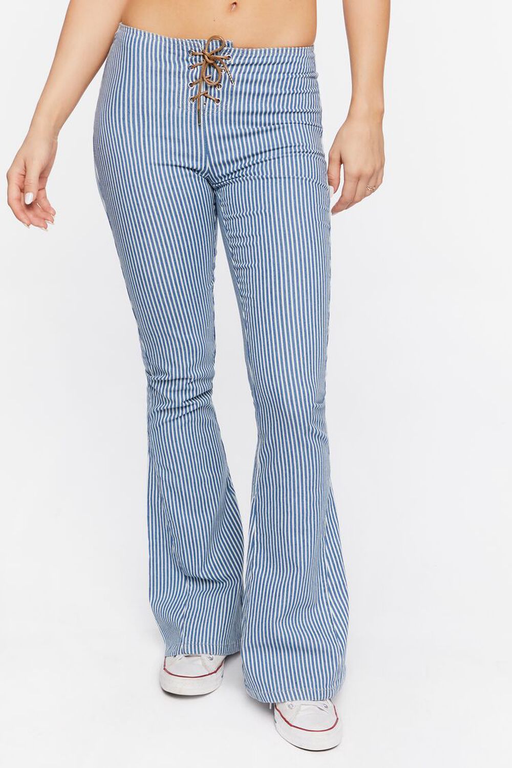 BLUE/WHITE Pinstriped Low-Rise Flare Jeans, image 2