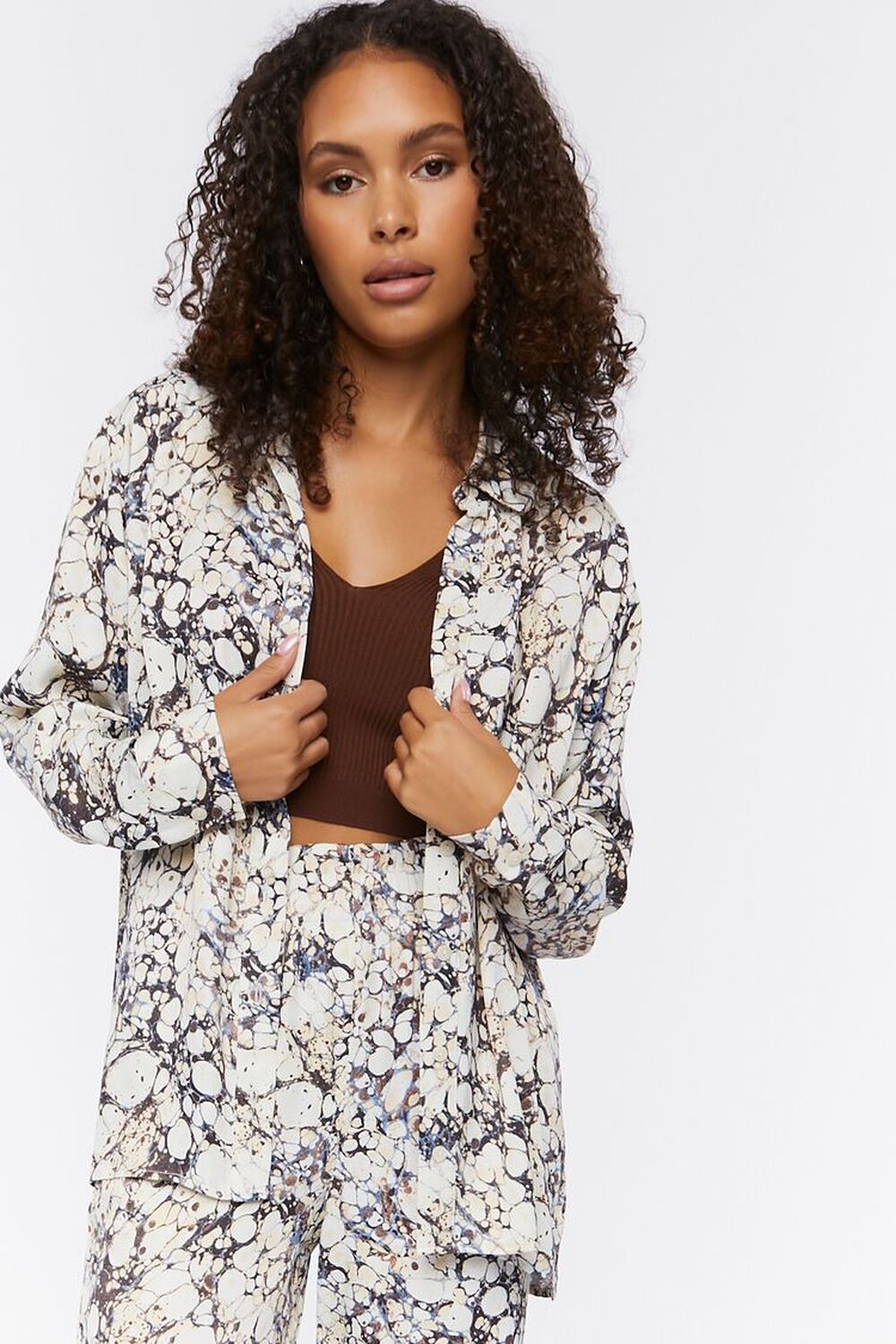 IVORY/MULTI Abstract Marble Print Oversized Shirt, image 1
