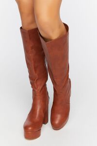 BROWN Faux Leather Knee-High Platform Boots, image 1