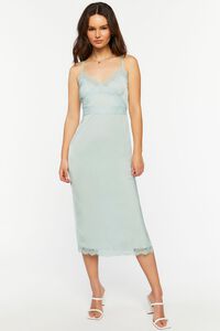 BLUE Satin Lace-Trim Midi Slip Dress, image 4