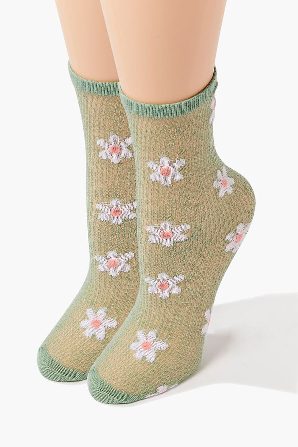 GREEN/MULTI Floral Print Open-Knit Crew Socks, image 1