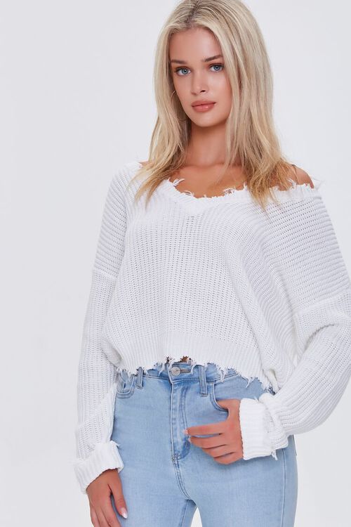 WHITE Ribbed Distressed-Trim Sweater, image 1
