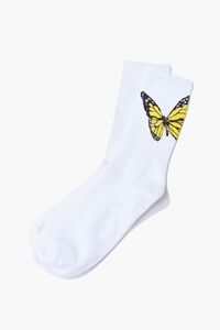 WHITE/YELLOW Butterfly Graphic Crew Socks, image 1