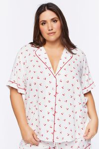 WHITE/RUBY Plus Size Piped-Trim Shirt & Shorts Pajama Set, image 5