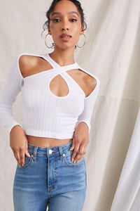 WHITE Ribbed Cutout Halter Crop Top, image 2