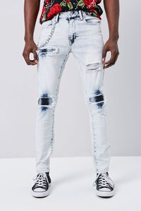 LIGHT DENIM/SILVER Distressed Bleach Wash Skinny Jeans, image 1
