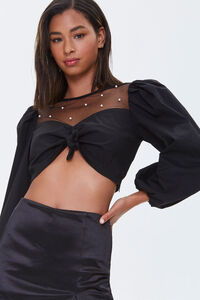 BLACK Faux Pearl Knotted Crop Top, image 1