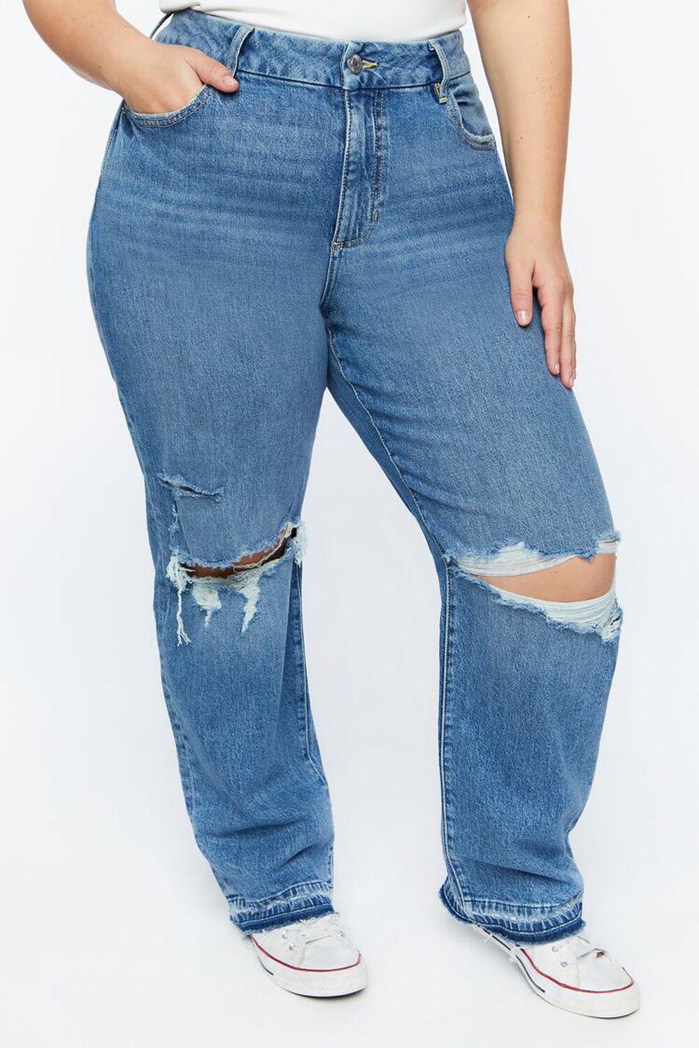 LIGHT DENIM Plus Size Recycled Cotton Distressed Mid-Rise Jeans, image 1
