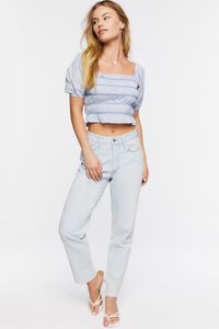 BLUE/WHITE Pinstriped Peasant-Sleeve Crop Top, image 4