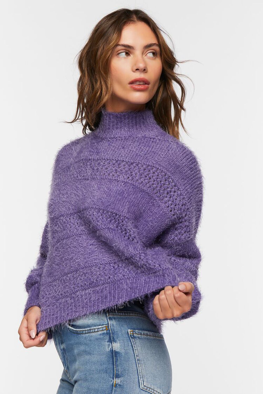 Fuzzy Contrast-Panel Mock Neck Sweater