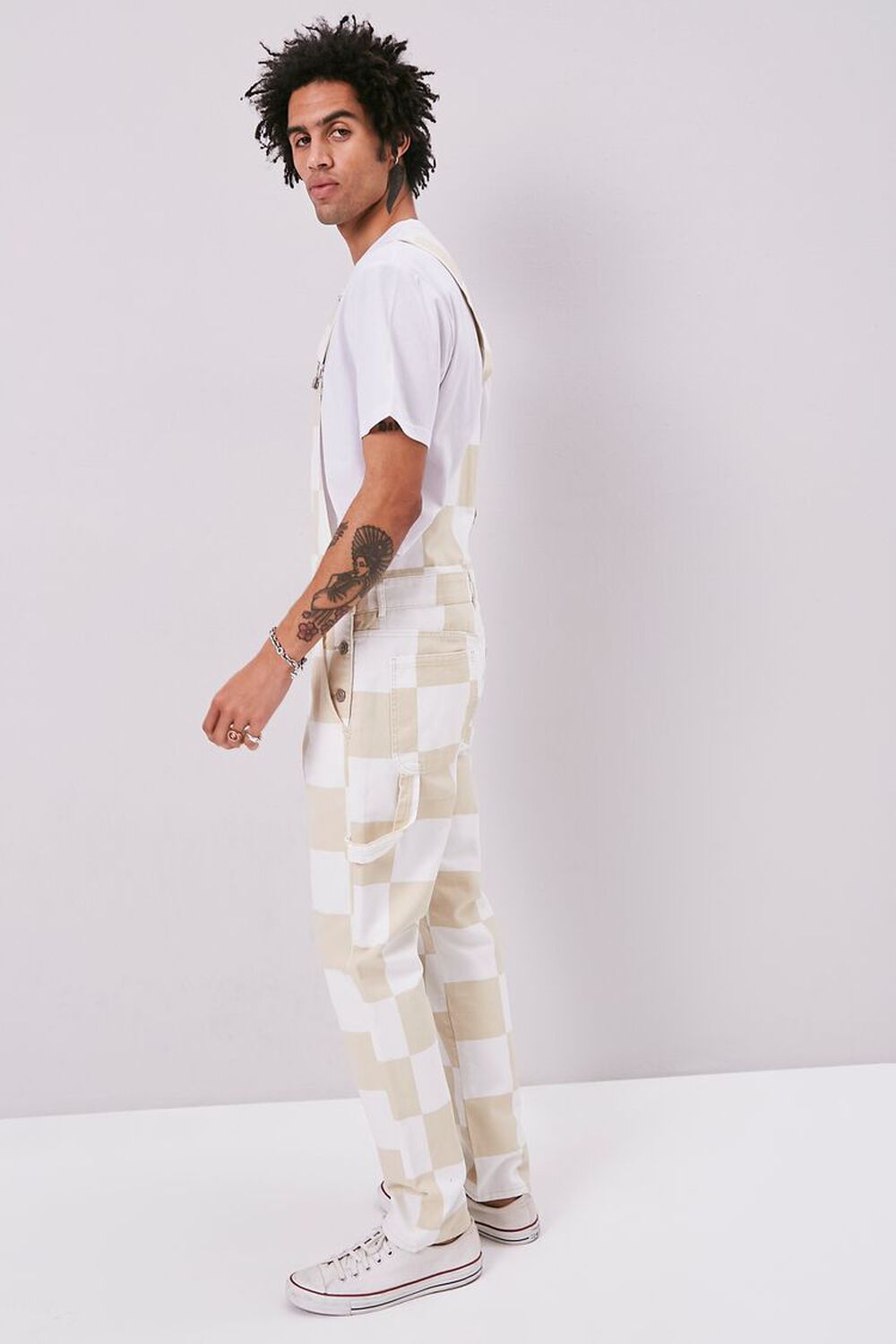 TAUPE/WHITE Checkered Canvas Overalls, image 2