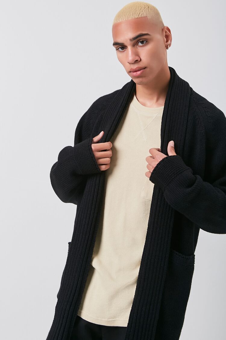 Mens Shawl Collar Open Front Long Cardigan Long Sleeve Ribbed Knit Sweaters