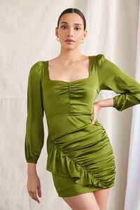 GREEN Satin Ruched Mini Dress, image 1