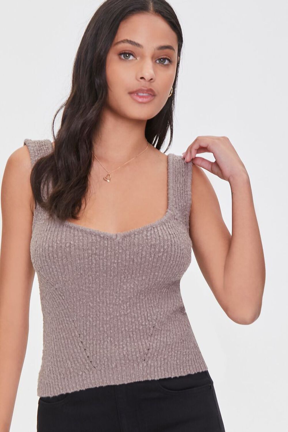 TAUPE Pointelle Sweater-Knit Tank Top, image 1