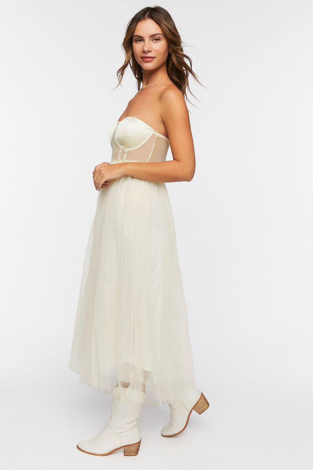 WHITE Strapless Mesh Midi Dress, image 2