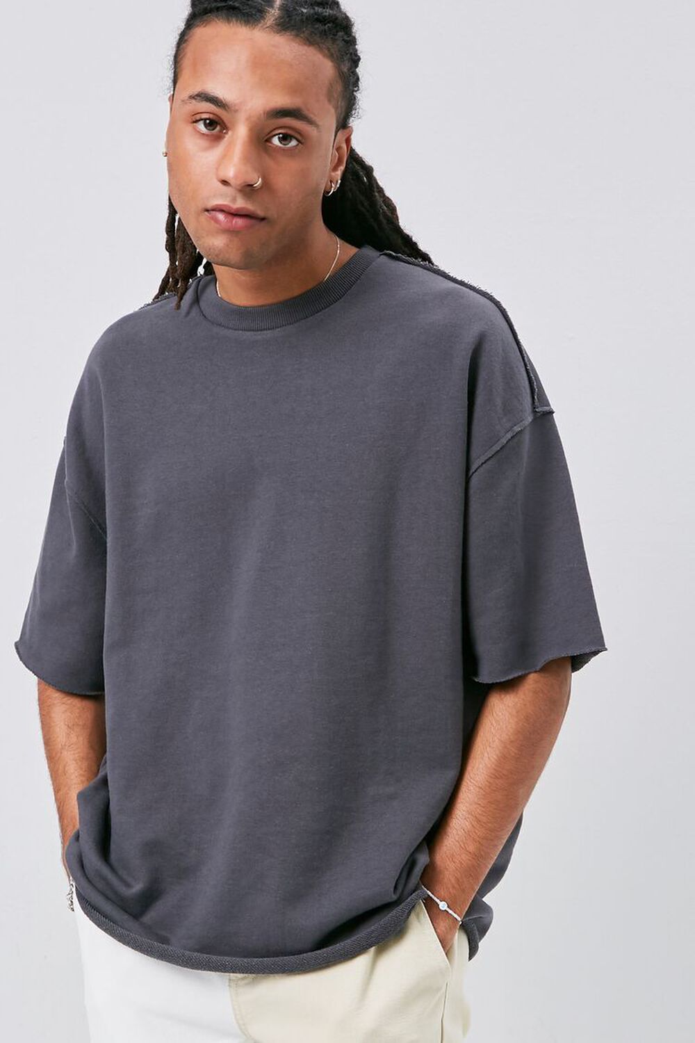 CHARCOAL Raw-Edge French Terry Crew Neck Tee, image 2