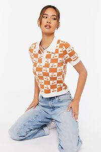 APRICOT/CREAM Cherry Checkered Sweater-Knit Top, image 1