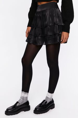 Y2K Forever 21 Twist Ruffle Tiered Layered Mini Skirt - Size M Geometric  Black