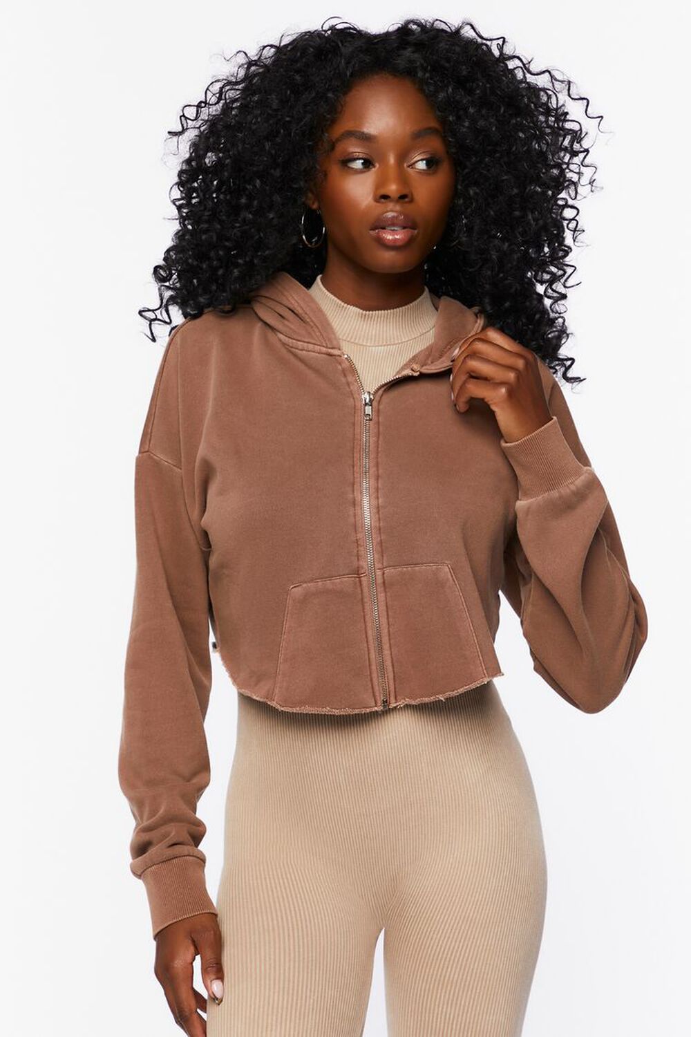 BROWN French Terry Zip-Up Hoodie, image 1