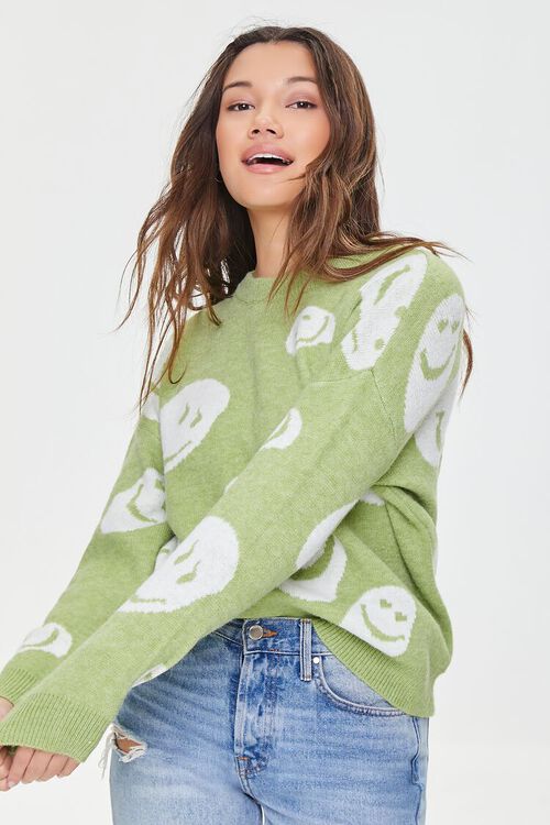 LIGHT GREEN/WHITE Happy Face Graphic Sweater, image 1