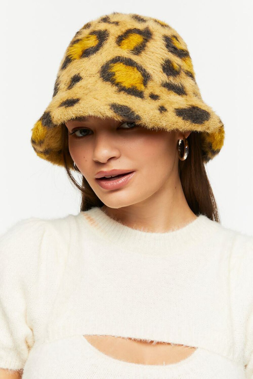 Leopard Print Faux Fur Bucket Hat, image 1