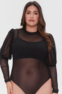 BLACK Plus Size Mesh Gigot Sleeve Bodysuit, image 5