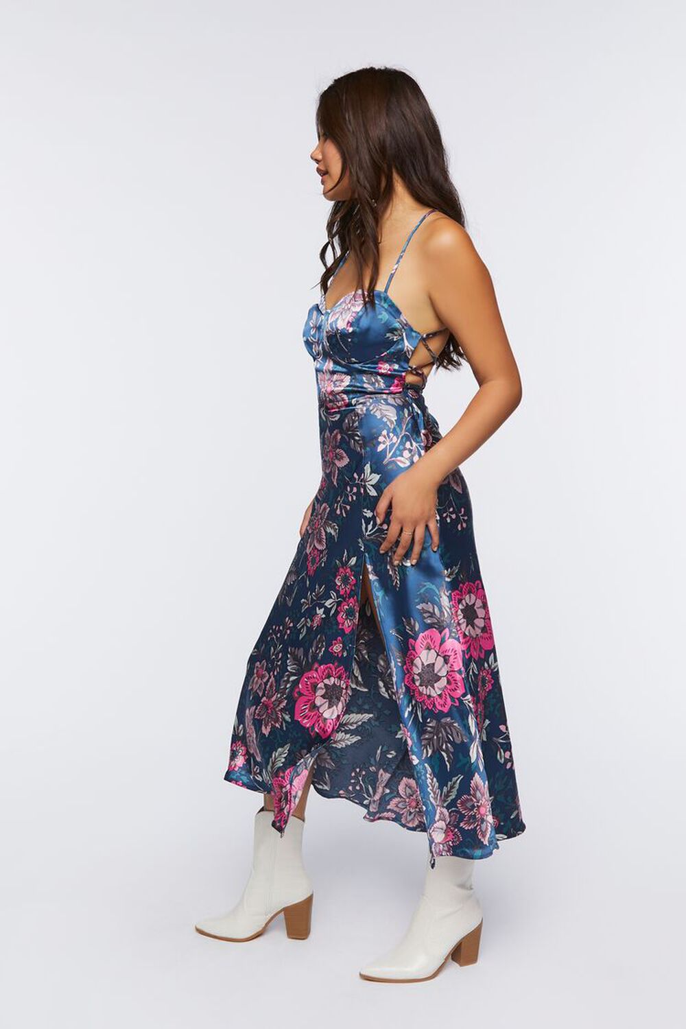 NAVY/MULTI Satin Bustier Floral Print Dress, image 2