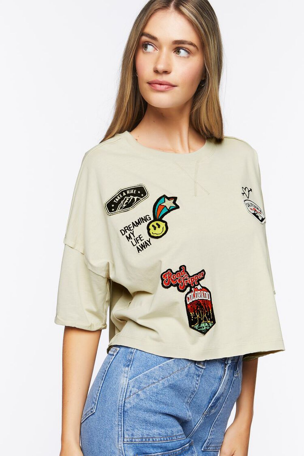 CREAM/MULTI Patch Graphic Cropped Tee, image 1