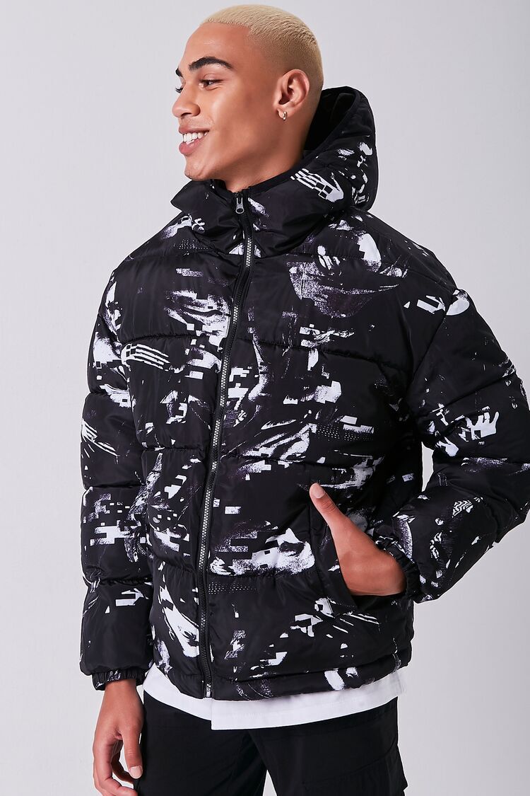 Abstract Print Hooded Puffer Jacket