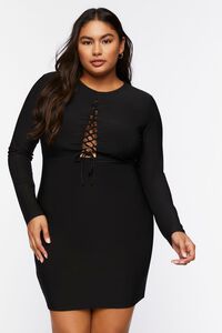 BLACK Plus Size Lace-Up Bodycon Mini Dress, image 2