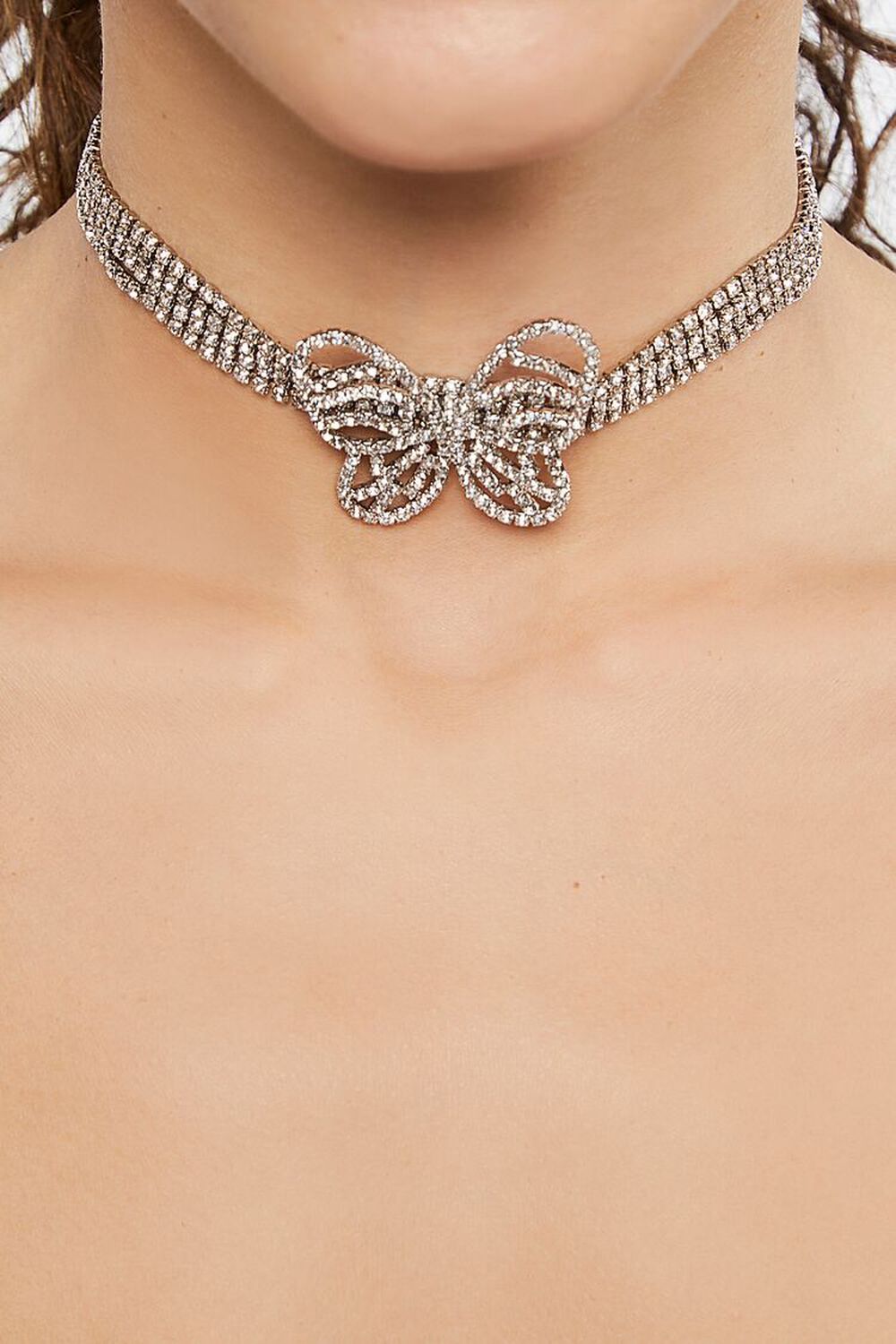 SILVER/CLEAR Butterfly Rhinestone Choker Necklace, image 1
