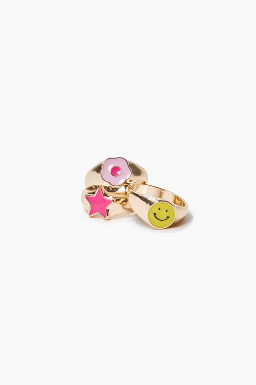 GOLD/PINK Assorted Happy Face Ring Set, image 1