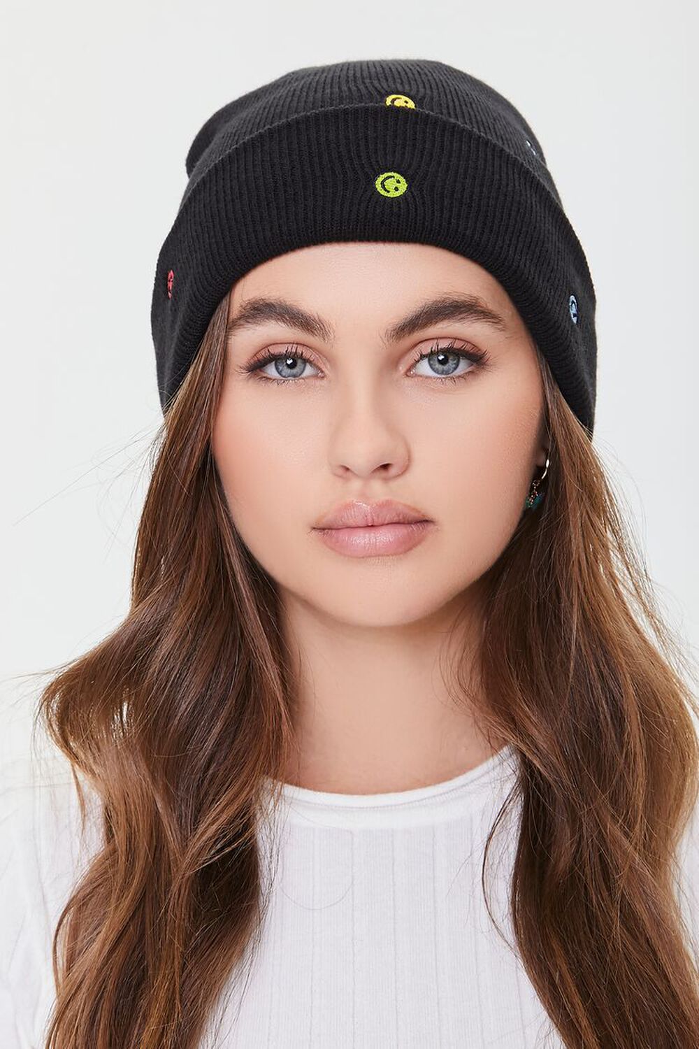 BLACK/MULTI Embroidered Happy Face Beanie, image 1