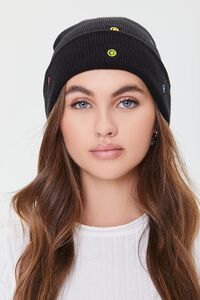 BLACK/MULTI Embroidered Happy Face Beanie, image 1