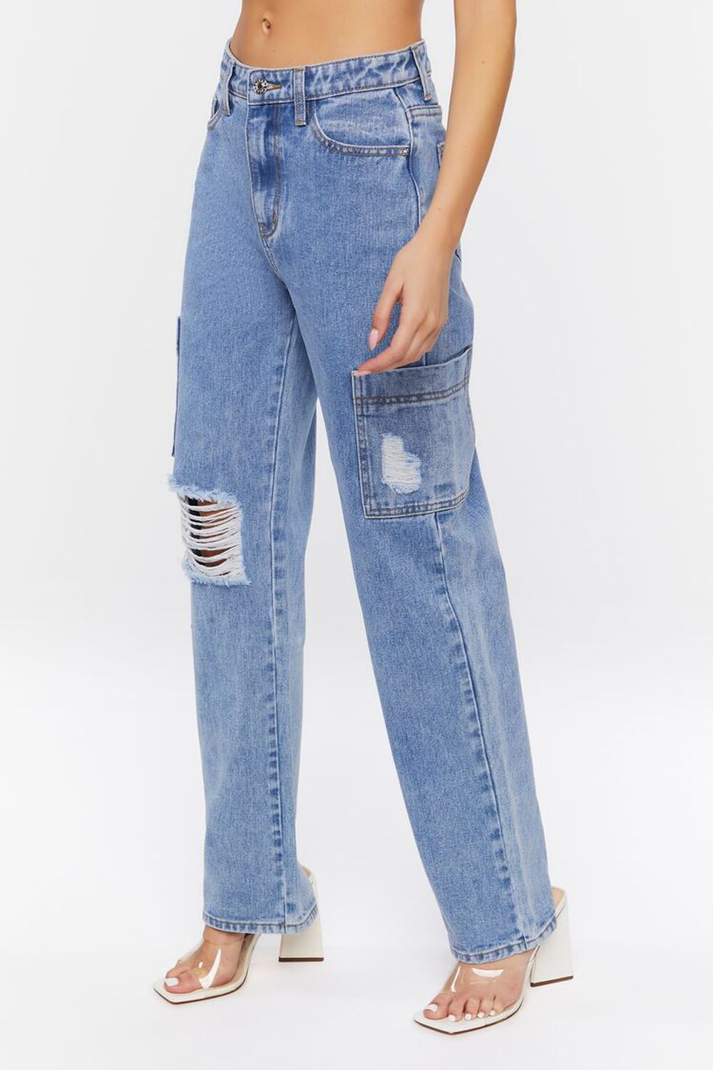MEDIUM DENIM Distressed Straight-Leg Pocket Jeans, image 3